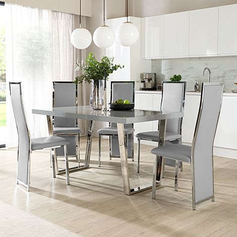 Milento 150cm Grey High Gloss and Chrome Dining Table with 4 Celeste Light Grey Leather Chairs