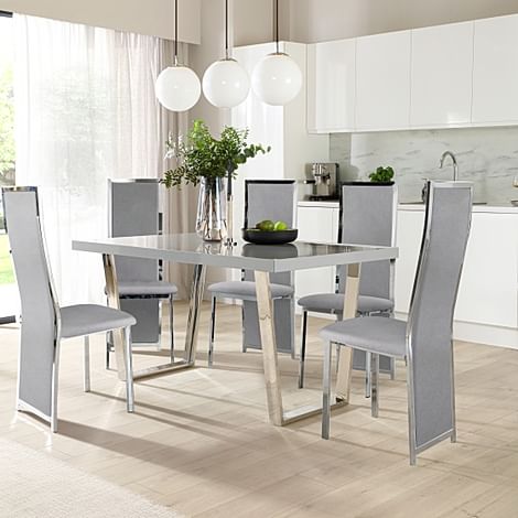 Milento 150cm Grey High Gloss and Chrome Dining Table with 4 Celeste Grey Velvet Chairs