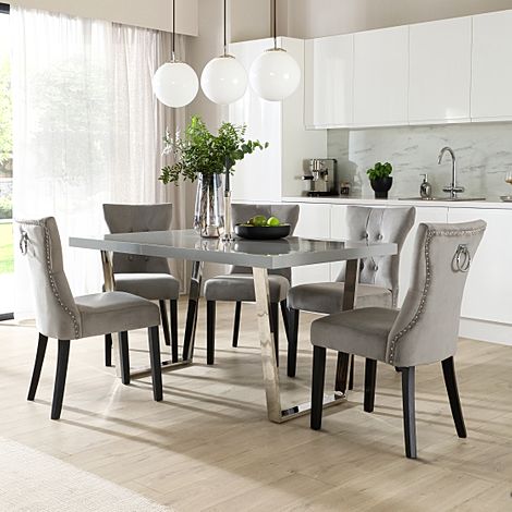 Milento 150cm Grey High Gloss and Chrome Dining Table with 4 Kensington Grey Velvet Chairs
