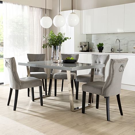 Milento Dining Table & 4 Kensington Chairs, Grey High Gloss & Chrome, Grey Classic Velvet & Black Solid Hardwood, 150cm