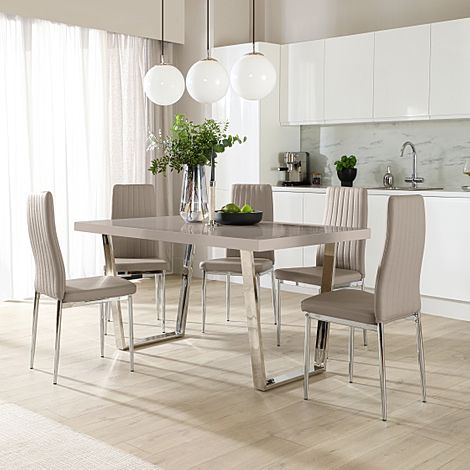 Milento 150cm Stone Grey High Gloss and Chrome Dining Table with 4 Leon Stone Grey Leather Chairs