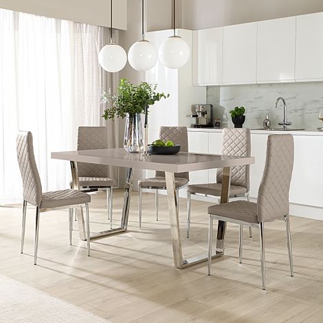 Milento 150cm Stone Grey High Gloss and Chrome Dining Table with 4 Renzo Stone Grey Leather Chairs