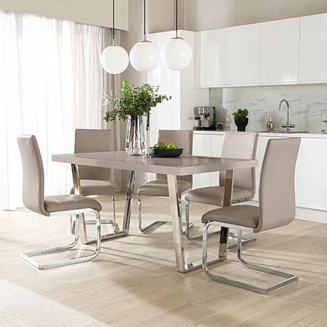Milento 150cm Stone Grey High Gloss and Chrome Dining Table with 4 Perth Stone Grey Leather Chairs
