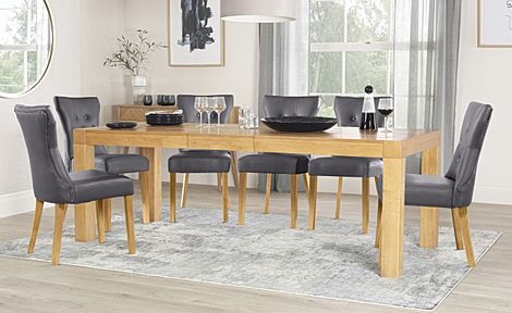 Cambridge Extending Dining Table & 6 Bewley Chairs, Natural Oak Veneer & Solid Hardwood, Grey Classic Faux Leather & Natural Oak Finished Solid Hardwood, 175-220cm