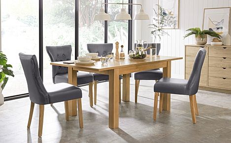 Hamilton 120-170cm Oak Extending Dining Table with 4 Bewley Grey Leather Chairs