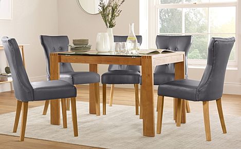 Tate 120cm Oak and Glass Dining Table with 6 Bewley Grey Leather Chairs