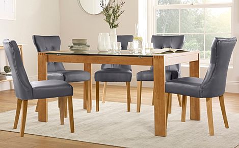 Tate 150cm Oak and Glass Dining Table with 4 Bewley Grey Leather Chairs