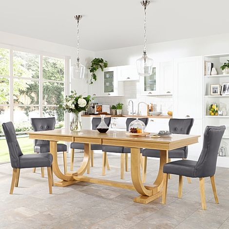 Pavilion Oak Extending Dining Table with 4 Bewley Grey Leather Chairs