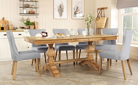 Cavendish Extending Dining Table & 4 Bewley Chairs, Natural Oak Veneer & Solid Hardwood, Light Grey Classic Faux Leather & Natural Oak Finished Solid Hardwood, 160-200cm