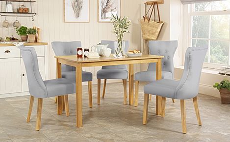 Milton Dining Table & 4 Bewley Chairs, Natural Oak Finished Solid Hardwood, Light Grey Classic Faux Leather, 120cm