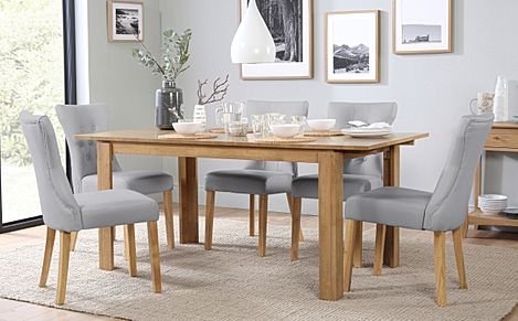 Bali Extending Dining Table & 4 Bewley Chairs, Natural Oak Finished Solid Hardwood, Light Grey Classic Faux Leather, 150-180cm
