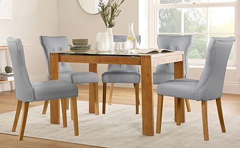 Tate 120cm Oak and Glass Dining Table with 4 Bewley Light Grey Leather Chairs