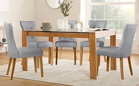 Tate 150cm Oak and Glass Dining Table with 4 Bewley Light Grey Leather Chairs