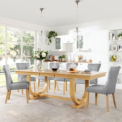 Pavilion Oak Extending Dining Table with 8 Bewley Light Grey Leather Chairs