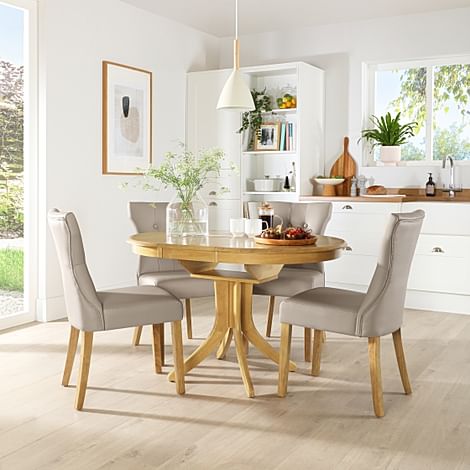 Hudson Round Extending Dining Table & 6 Bewley Chairs, Natural Oak Finished Solid Hardwood, Stone Grey Classic Faux Leather, 90-120cm