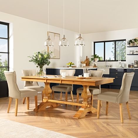 Cavendish Extending Dining Table & 4 Bewley Chairs, Natural Oak Veneer & Solid Hardwood, Stone Grey Classic Faux Leather & Natural Oak Finished Solid Hardwood, 160-200cm