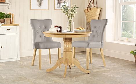 Kingston Round Oak Dining Table with 2 Bewley Stone Grey Leather Chairs