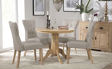 Kingston Round Oak Dining Table with 4 Bewley Stone Grey Leather Chairs