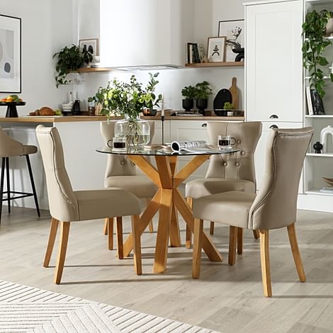 Hatton Round Dining Table & 4 Bewley Chairs, Glass & Natural Oak Finished Solid Hardwood, Stone Grey Classic Faux Leather, 100cm