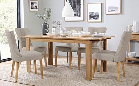 Bali Extending Dining Table & 4 Bewley Chairs, Natural Oak Finished Solid Hardwood, Stone Grey Classic Faux Leather, 150-180cm
