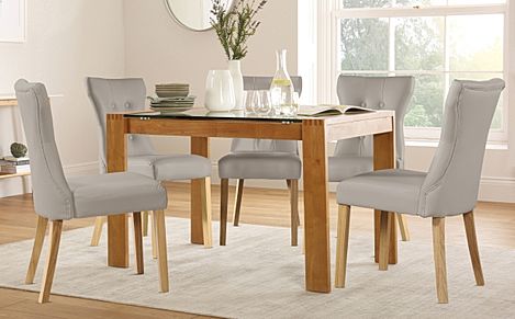 Tate 120cm Oak and Glass Dining Table with 6 Bewley Stone Grey Leather Chairs