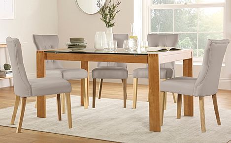 Tate 150cm Oak and Glass Dining Table with 4 Bewley Stone Grey Leather Chairs