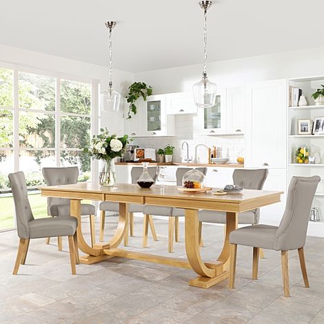 Pavilion Oak Extending Dining Table with 4 Bewley Stone Grey Leather Chairs
