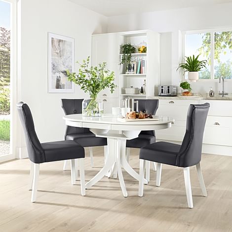 Hudson Round White Extending Dining Table with 4 Bewley Grey Leather Chairs