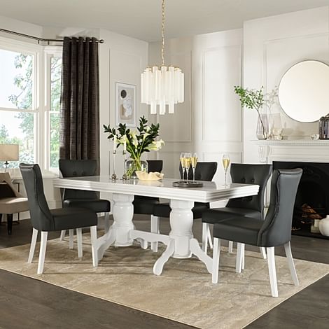 Chatsworth Extending Dining Table & 6 Bewley Chairs, White Wood, Grey Classic Faux Leather, 150-180cm