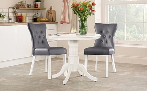 Kingston Round Dining Table & 2 Bewley Chairs, White Wood, Grey Classic Faux Leather, 90cm
