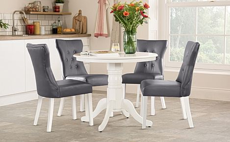 Kingston Round White Dining Table with 4 Bewley Grey Leather Chairs