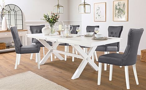 Grange White Extending Dining Table with 4 Bewley Grey Leather Chairs