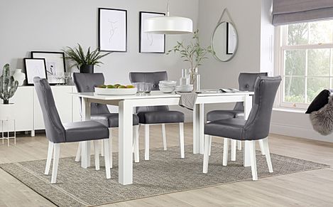 Aspen Extending Dining Table & 4 Bewley Chairs, White Wood, Grey Classic Faux Leather, 150-180cm
