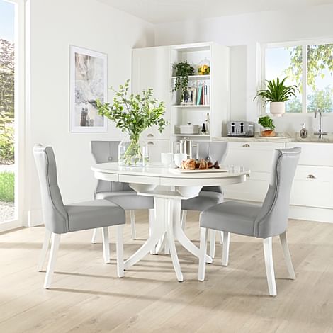 Hudson Round White Extending Dining Table with 4 Bewley Light Grey Leather Chairs