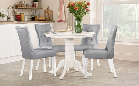 Kingston Round White Dining Table with 2 Bewley Light Grey Leather Chairs