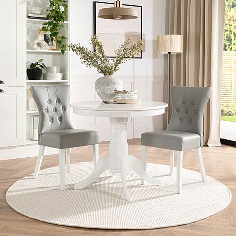 Kingston Round Dining Table & 2 Bewley Chairs, White Wood, Light Grey Classic Faux Leather, 90cm