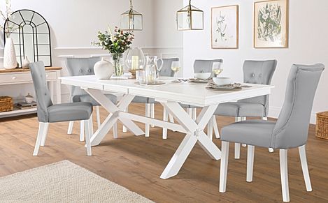 Grange White Extending Dining Table with 6 Bewley Light Grey Leather Chairs