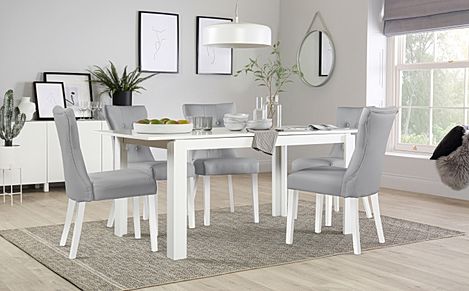 Aspen White Extending Dining Table with 4 Bewley Light Grey Leather Chairs