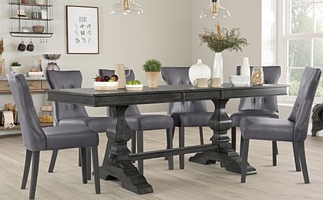 Cavendish Grey Wood Extending Dining Table with 4 Bewley Grey Leather Chairs
