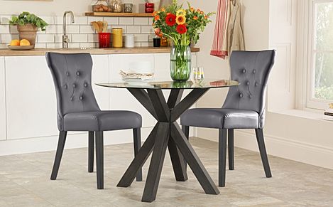 Hatton Round Dining Table & 2 Bewley Chairs, Glass & Grey Solid Hardwood, Grey Classic Faux Leather, 100cm
