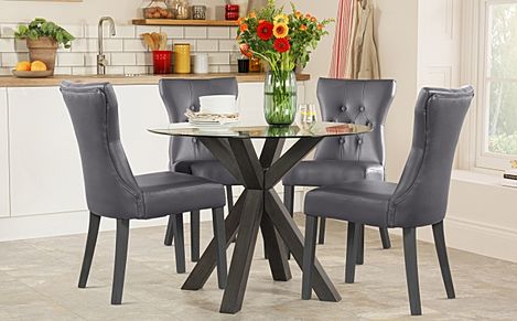 Hatton Round Dining Table & 4 Bewley Chairs, Glass & Grey Solid Hardwood, Grey Classic Faux Leather, 100cm