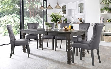 Hampshire Grey Wood Extending Dining Table with 4 Bewley Grey Leather Chairs