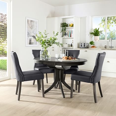 Hudson Round Grey Wood Extending Dining Table with 4 Bewley Grey Leather Chairs