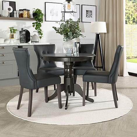 Kingston Round Dining Table & 4 Bewley Chairs, Grey Solid Hardwood, Grey Classic Faux Leather, 90cm