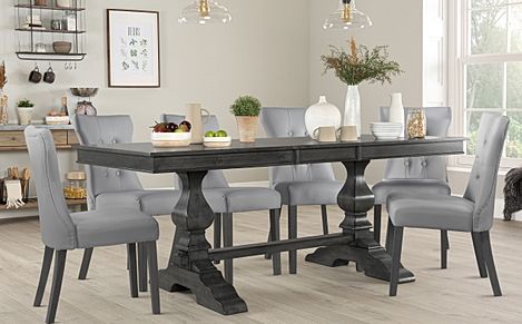 Cavendish Grey Wood Extending Dining Table with 6 Bewley Light Grey Leather Chairs