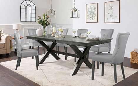 Grange Extending Dining Table & 6 Bewley Chairs, Grey Oak Veneer & Solid Hardwood, Light Grey Classic Faux Leather & Grey Solid Hardwood, 180-220cm