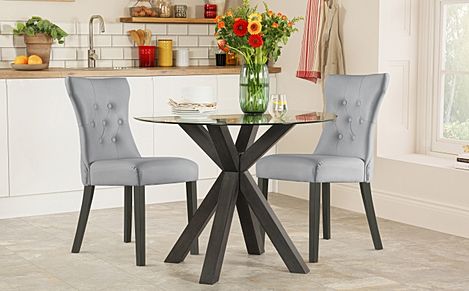 Hatton Round Dining Table & 2 Bewley Chairs, Glass & Grey Solid Hardwood, Light Grey Classic Faux Leather, 100cm