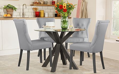 Hatton Round Grey Wood and Glass Dining Table with 4 Bewley Light Grey Leather Chairs
