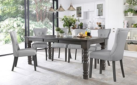 Hampshire Grey Wood Extending Dining Table with 4 Bewley Light Grey Leather Chairs