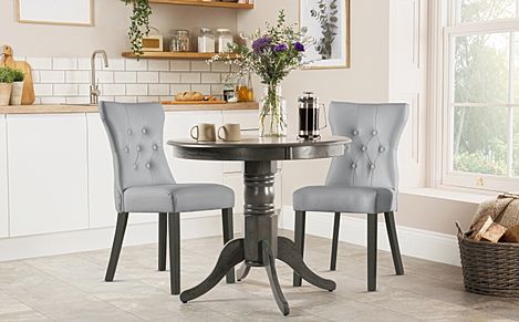 Kingston Round Grey Wood Dining Table with 2 Bewley Light Grey Leather Chairs